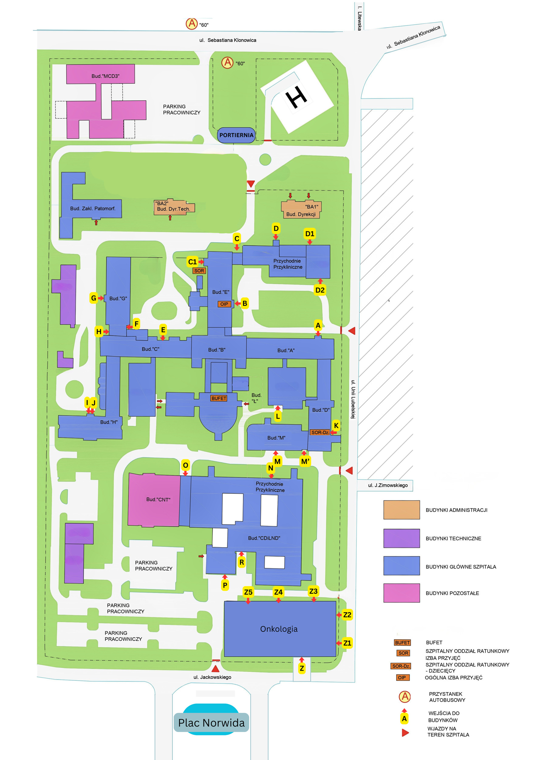 Mapa szpitala z&nbsp;zaznaczonymi wejściami do budynków, nazwami bydynków w&nbsp;Szczecinie na Unii Lubelskiej 1