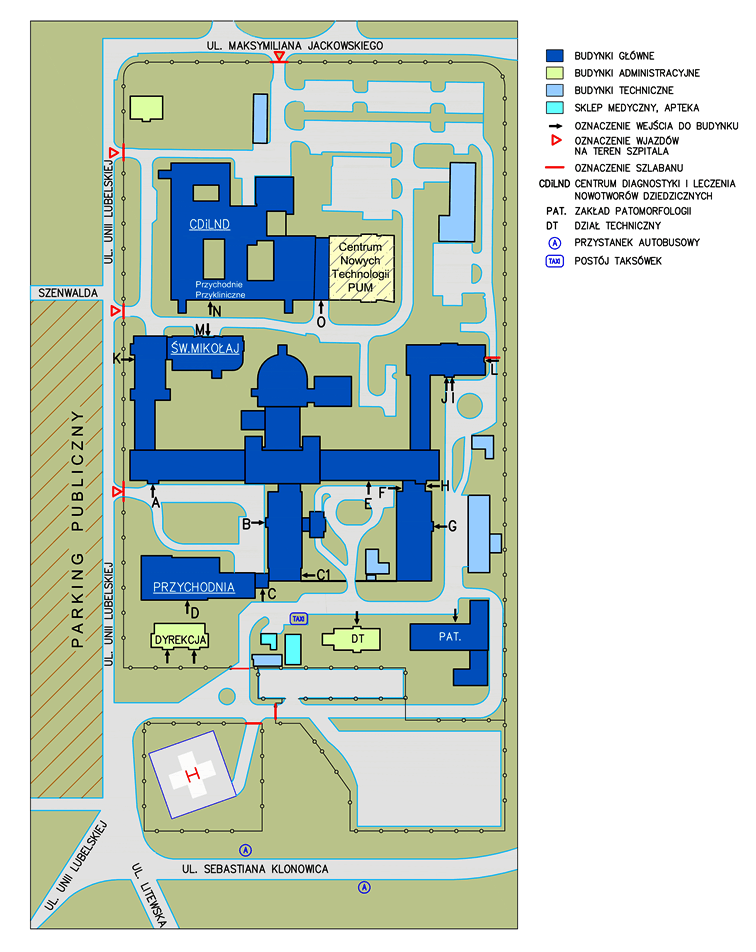 Mapa szpitala z zaznaczonymi wejściami do budynków, nazwami bydynków w Szczecinie na Unii Lubelskiej 1